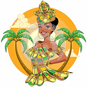 Caribbean girl with Traditional Dress and a Beautiful Smile, surrounded by Exotic Palm Trees Vector Illustration isolated on white