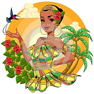 Caribbean girl wearing Traditional Dress with Beautiful Hummingbird and Hibiscuses Flowers Vector Illustration