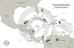 Caribbean islands and Central America map, individual regions with names, Infographics and icons