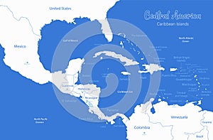 Caribbean islands and Central America map, individual states and islands and city whit names , blue background