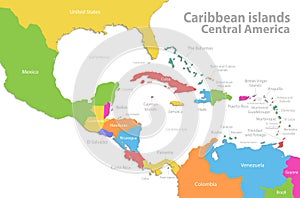 Caribbean islands Central America map, new political detailed map, separate individual states, with state names, isolated on white photo