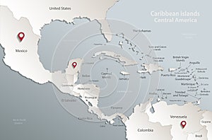 Caribbean islands Central America map card blue white 3D photo