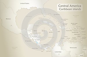 Caribbean islands and Central America map, states and islands and capitals with names, old paper background