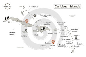 Caribbean Islands map, individual island with names, Infographics and icons