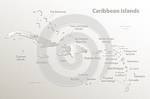 Caribbean islands map, island with names, card paper 3D natural