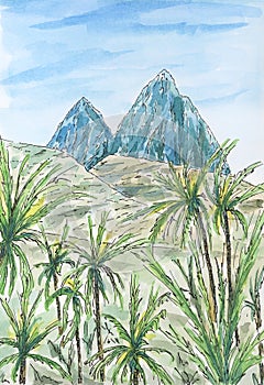 Caribbean Leeward Antilles landscape with two mountain peaks photo