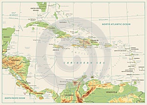 The Caribbean Physical Map. Isolated on retro white color