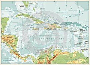 The Caribbean Physical Map. Retro colors