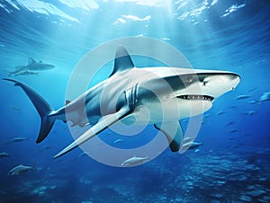 Caribbean Reef Shark in Deep Blue Sea Water