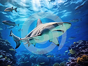 Caribbean Reef Shark in Deep Blue Sea Water
