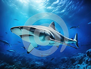 Caribbean Reef Shark in Deep Blue Sea Water