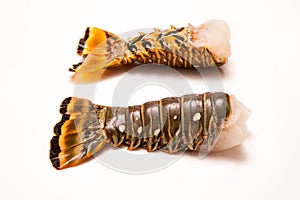 Caribbean rock lobster tails on a white background.