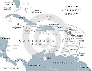 The Caribbean Sea and its islands, gray political map