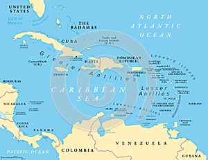 The Caribbean Sea and its islands, subregion of the Americas, political map