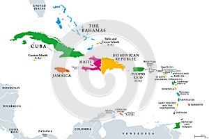 The Caribbean, subregion of the Americas, colored political map