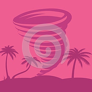 Caribbean tornado against the backdrop of palm trees on the beach, drawing executed in pink