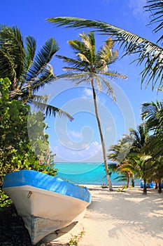 Caribbean tropical beach with boat beached photo