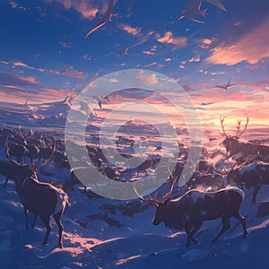 Caribou Migration: Majestic Journey Amidst Nature\'s Palette