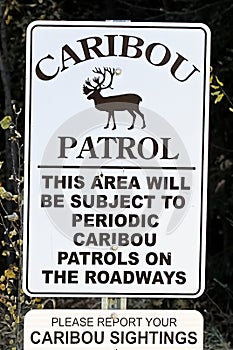 A caribou patrol sign indicating to report sightings