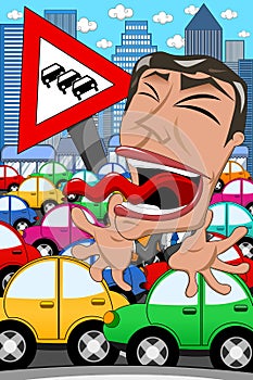 Caricature Businessman Screaming Traffic Jam