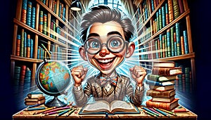 caricature of cartoon character, scientist, geographer, traveler. Cartoon Professions