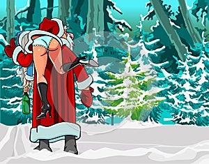 Caricature cartoon Santa Claus shouldered drunken Snow Maiden
