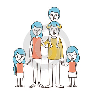 Caricature color sections and blue hair of big family parents with boy on his back and daugthers taken hands