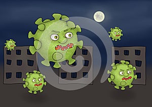 Caricature. Coronaviruses over the night city.