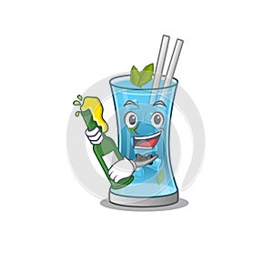 Caricature design concept of blue hawai cocktail cheers with bottle of beer