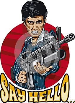 Caricature drawing of gangster holding m16 with grenadelauncher photo