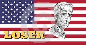 Caricature drawing portrait of Democrat Joe Biden, the loser for American President Election 2020, on US flag