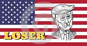 Caricature drawing portrait of Republican Donald Trump, the loser for American President Election 2020, on US flag