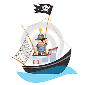 Caricature illustration with the image of a pirate on the ship
