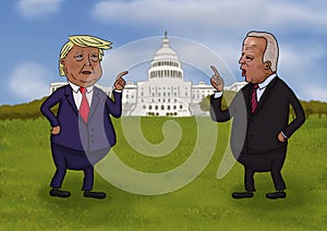 Caricature. Donald trump and Joe Biden on the background of the white house