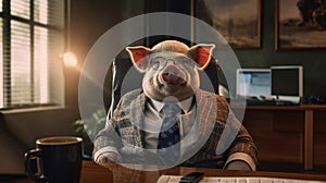 A caricature of a pig in an office in a photo