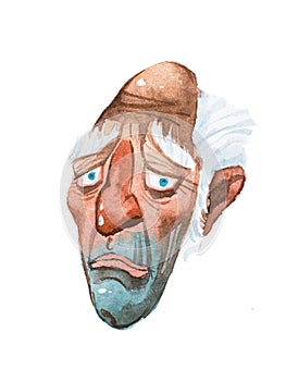 Caricature of sad old man s long face hand-drawn with watercolors