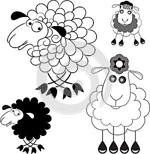 Caricature of sheep. Option Line and the option the silhouette
