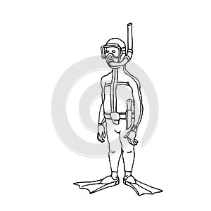 Caricature, standing funny diver saboteur in diving suit with mask & fins