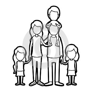 Caricature thick contour faceless group family parents with boy on his back and daugthers taken hands