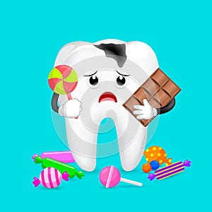 Caries tooth character with candy.