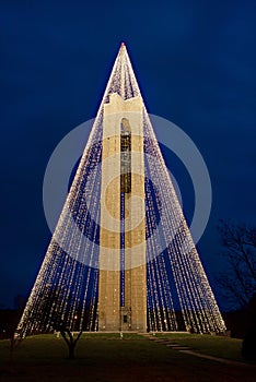 Carillon Bell Tower with Christmas Lights at Night, HDR, Dayton, Ohio photo