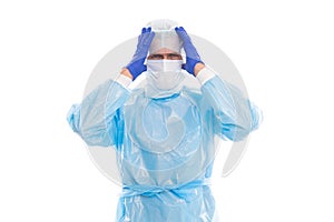 Caring for caregivers during pandemic. Critical care physician in protective gear. Intensive care