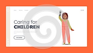 Caring for Children Landing Page Template. Child Disability, Arm Amputation. Disabled Girl with Bionic Hand Prosthesis