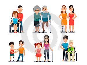 Caring disabled person. Handicapped people with group of friends. Friendly help and care to disability man or woman cartoon vector