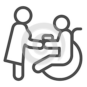 Caring for a disabled person line icon, disability concept, nurse and wheelchair user sign on white background, care for