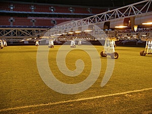 Caring for grass lawn. Lighting installation on soccer stadium