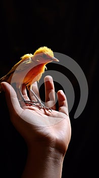 Caring hand supports a chirping canary, portraying harmony and kinship.