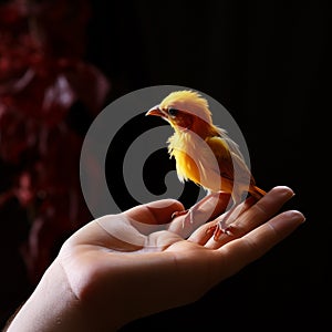 Caring hand supports a chirping canary, portraying harmony and kinship.