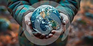 caring hands cradling the Earth, symbolizing human responsibility and commitment to nurturing and protecting the planet