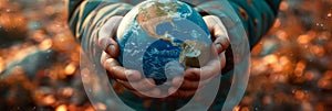 caring hands cradling the Earth, symbolizing human responsibility and commitment to nurturing and protecting the planet
